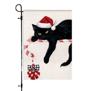 Christmas garden flag with black cat wearing Santa hat on candy cane with linen texture