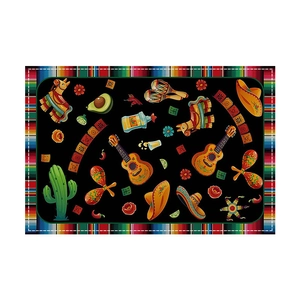 Detail van Mexicaanse placemat met schedel, gitaar en kleurrijke serape-randen