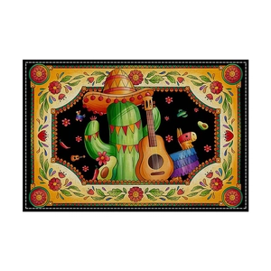 Mexicaanse Halloween placemat met sombrero cactus, gitaar en pinata op zwarte achtergrond