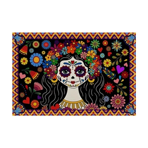 Rechthoekige Dag van de Doden placemat met Catrina schedel en kleurrijk bloemenpatroon