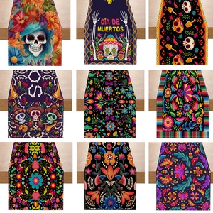 Mexican Day Of The Dead Table Runner Halloween Sugar Skull Flower Pattern Polyester Decorative Tablecloth For Home Party Decor