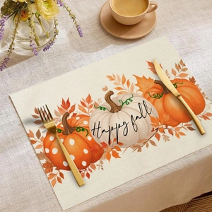 Tovaglietta di Thanksgiving in lino con zucca Happy Fall e stampa foglie autunno