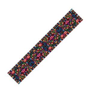 Floral embroidered table runner with colorful skull motifs for Day of the Dead home decor