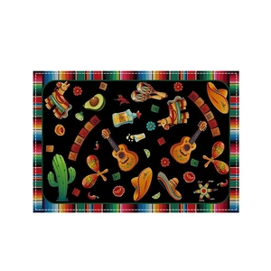 Mexicaanse placemat Dag van de Doden met schedel en gitaarpatroon op zwart