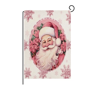 Pink vintage Santa garden flag on black metal stand with soft snowflake patterns