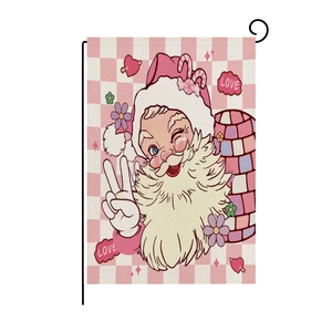 Pink checkered Christmas garden flag with vintage Santa Claus and metal hook stand