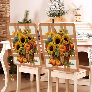 Autumn dining chair covers with pumpkin and sunflower pattern in orange plaid design
