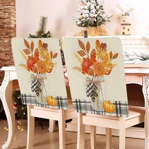 Autumn dining chair covers set of 2 with pumpkin, sunflower and plaid pattern