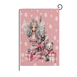 Pink Christmas garden flag with angel girl and teddy bear on a black metal stand