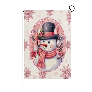 Pink Christmas garden flag with snowman and snowflake pattern on metal stand