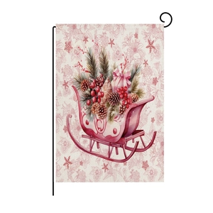 Pink Christmas garden flag with watercolor sleigh and festive berries on white background