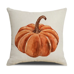 Fodera per cuscino autunnale con zucca acquerello su tessuto di lino beige