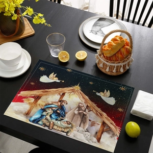 Christmas Nativity scene placemat on dark wood table with festive home decor