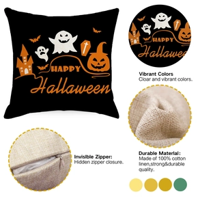Detail of Halloween linen pillowcase showing invisible zipper and pumpkin print quality