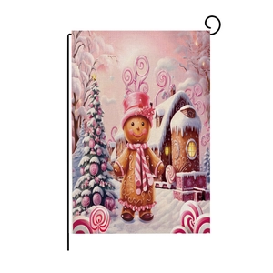 Detailed macro of festive gingerbread man garden flag with fabric texture and vivid colors