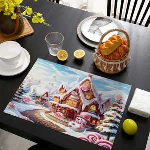 Christmas placemat with 3D snowman and gingerbread house design on dark wood table