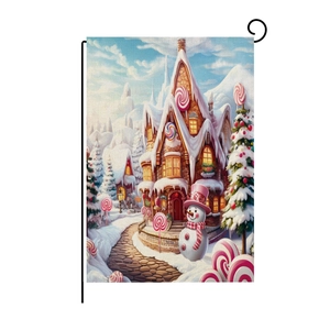 Detailed fabric texture of Christmas garden flag with snowman and gingerbread house