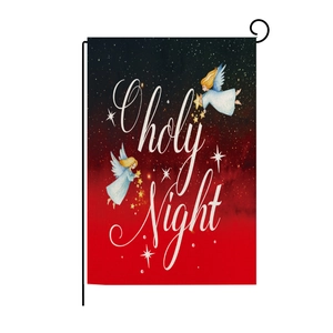 Detail of O Holy Night Christmas garden flag with angels and rustic weave texture