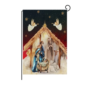 Detailed view of the Christmas Nativity garden flag with rustic linen texture and metal hanger