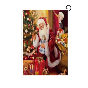 Detailed Christmas garden flag with Santa and tree on a rustic linen texture with black metal stand