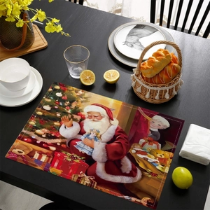 Detailed Christmas placemat with Santa Claus design on a black wooden dining table