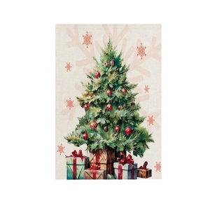 Christmas garden flag with watercolor tree and gift boxes on burlap texture background