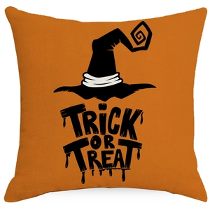 Halloween decorative orange linen pillow cover with witch hat silhouette and trick or treat