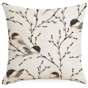Detailed macro view showing the natural linen fabric texture and songbird print pattern