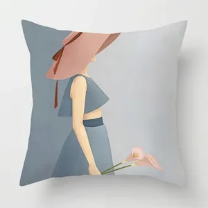 Detailed close-up of modern hand-painted female illustration on square sofa cushion cover