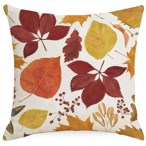 Nordic fall cushion cover with vibrant autumn leaves and berries on white background