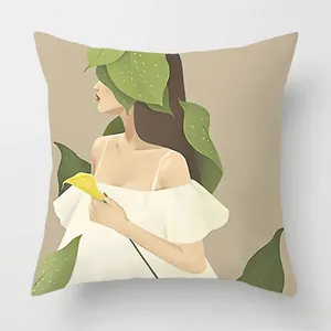 Detail of artistic hand-painted female illustration on square canvas pillowcase
