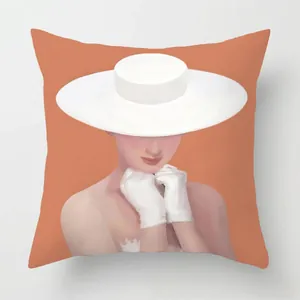 Detail of artistic woman illustration on a Nordic modern style square pillowcase