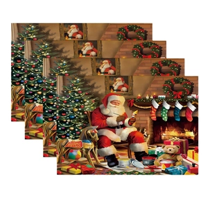 Set of 4 Christmas placemats with Santa, Xmas tree and fireplace holiday illustrations