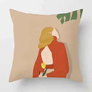 Detail of Nordic minimalist pillow cover with modern female art illustration and palm leaf