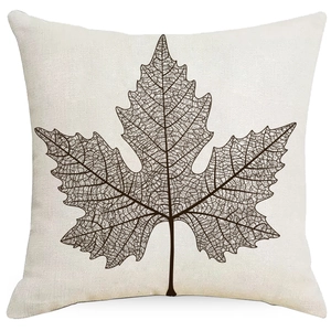 Nordic autumn maple leaf print square pillow cover in beige cotton linen for sofa decor