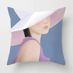 Macro detail of Nordic modern hand-painted female portrait illustration on square pillow cover