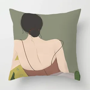 Detail view of square Nordic pillowcase featuring minimalist hand-painted female illustration