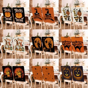 Halloween Chair Covers Cotton Linen Jack-O-Lantern Pumpkin Bat Castle Printed Seat Back Protectors For Dining Room Party Decoration