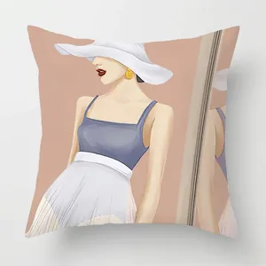 Detail of Nordic modern hand-painted female illustration on square throw pillow cover
