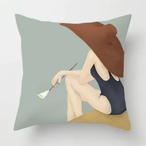 Detail of minimalist hand-painted female figure illustration on square throw pillow cover