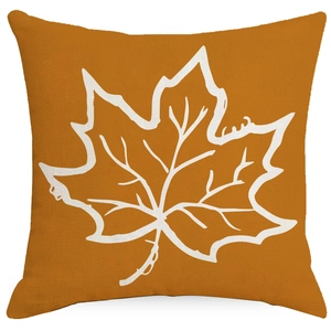 Square orange Thanksgiving pillowcase with white maple leaf line art on linen texture