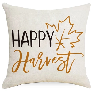 Square beige linen pillow cover with Happy Harvest pumpkin and maple leaf print