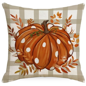 Autumn pumpkin pillow cover with polka dots and leaf on classic gray plaid linen fabric