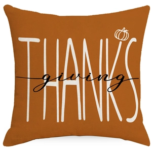 Caramel orange Thanksgiving pumpkin throw pillow cover with white THANKSgiving print