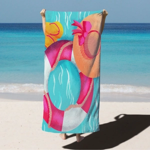 Microfiber beach towel with colorful summer elements print including sun hat and flip-flops
