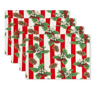 Set of 4 Christmas placemats with festive pine cones and red stripes print