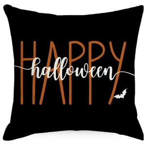 Halloween Happy Halloween square linen pillowcase with orange text and bat on black fabric
