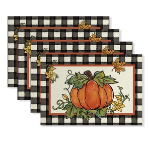Thanksgiving placemats set of 4 with autumn pumpkins maple leaves and buffalo plaid edges