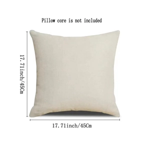 Detail showing 45x45cm square linen pillow case dimensions with visible weave texture