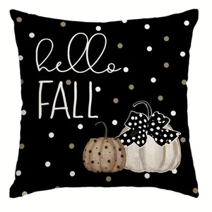 Black square Thanksgiving pillow cover with Hello Fall text and pumpkins motifs